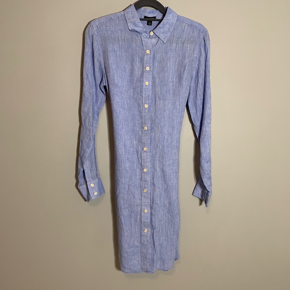 Ann Taylor Linen Shirt Dress Blue Button Front‎ Tie Waist Roll Tab Sleeve